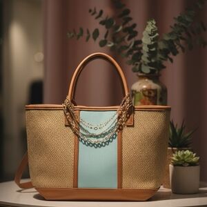 Thirty-One Tan and Blue Tote Bag